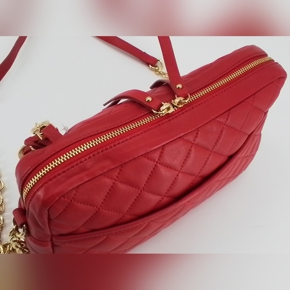 ISAAC Mizrahi RED Quilted Leather Crossbody Handbag Tan Chain Strap Shoulder Bag - Picture 10 of 13